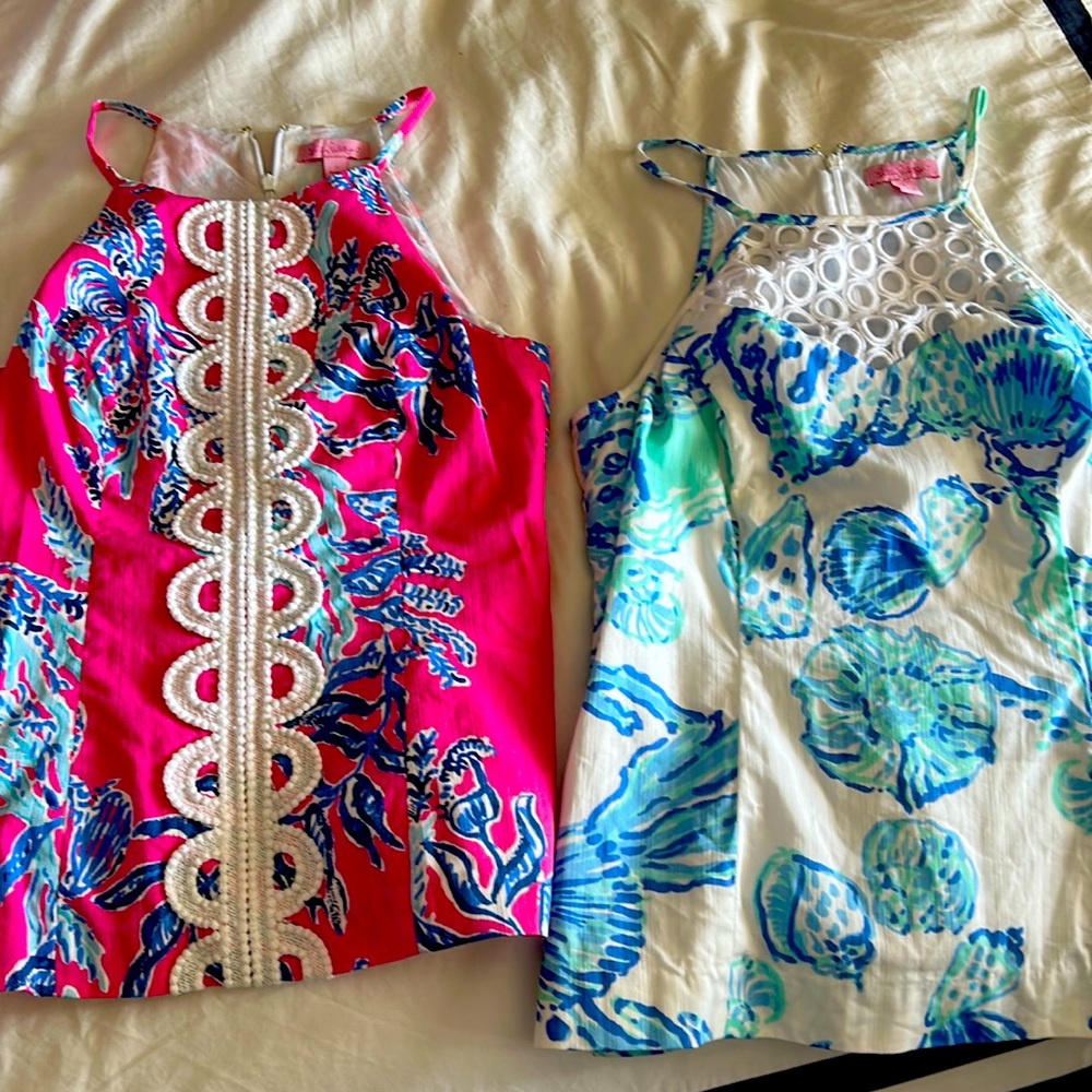 2 Lilly Pulitzer tops, one and pink and white and blue and white.